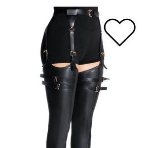 AZALEA WANG SEXY BELTED STRETCH PU STILETTO BOOT WITH 4 WAY STRETCH IN BLACK